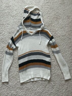 Maurices V-Neck Hooded Sweater - Cream, Gray & Mustard